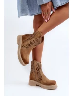 Zazoo Semišové dámské boty na plochém podpatku, prolamované, béžová