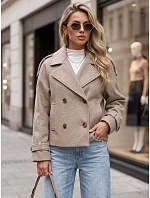 Krátký dámský dvouřadý kabát s výložkami, barva fango, FashionStreet TY6015 Krátký dámský dvouřadý kabát s výložkami, barva fango, FashionStreet TY6015