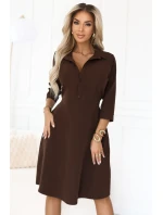 286-9 SANDY Košilové halenkové šaty s páskem - čokoládové 286-9 SANDY Košilové halenkové šaty s páskem - čokoládové