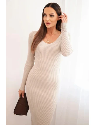 Dámské pruhované šaty s výstřihem do V a dlouhým rukávem béžová