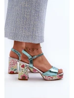 Dámské sandály na podpatku s květinami D&A CR980 modré