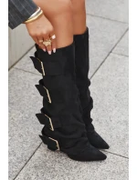 Dámské kozačky na sloupkovém podpatku s ohrnovaným svrškem a zlatými přezkami Isavelle – černé