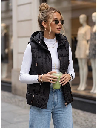 Dámská prošívaná vesta s kapucí, černá, FashionStreet TY5973 Dámská prošívaná vesta s kapucí, černá, FashionStreet TY5973