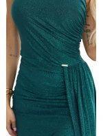 600-2 SELENA třpytivé dlouhé šaty na jedno rameno s rozparkem - zelené s třpytkami