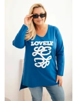 Dámská blůza Plus Size bavlněná s nápisem a výstřihem do V chabrová