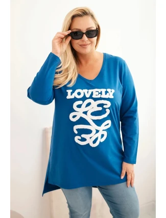 Dámská blůza Plus Size bavlněná s nápisem a výstřihem do V chabrová