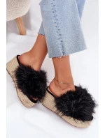 Dámské klapky na klínu s kožíškem a pletením černé Virela