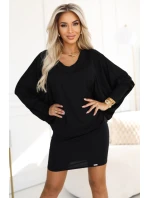402-10 Pohodlné netopýří šaty s dlouhým rukávem - černé