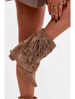 Dámské kotníkové boty na sloupkovém podpatku s třásněmi a zlatými přezkami Evelisse – béžové