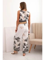 Dámská viskózová souprava top a kalhoty s listovým vzorem černý