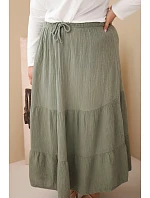 Dámská sukně pro plnoštíhlé bavlněná mušelínová s volánem a gumou khaki