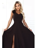 643-10 Elegantní večerní maxi šaty s rozparkem a růžemi – čokoládově hnědé