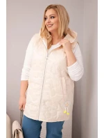 Dámská vesta Plus Size s kapucí a květinovým prošíváním světle béžová