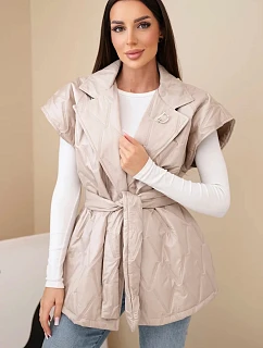 Dámská prošívaná vesta s páskem a širokým límcem tmavě béžová