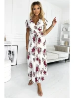 434-8 LISA Plisované midi šaty s výstřihem a volánky - ecru + vínové květy