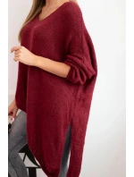 Dámský asymetrický svetr z vlny Plus Size s výstřihem do V bordový