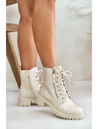 Lakované boty workerky na zip zateplené béžové Ravanthia