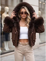 Krátká dámská bunda s odnímatelnou kožešinou, hnědá, FashionStreet TY5834 Krátká dámská bunda s odnímatelnou kožešinou, hnědá, FashionStreet TY5834