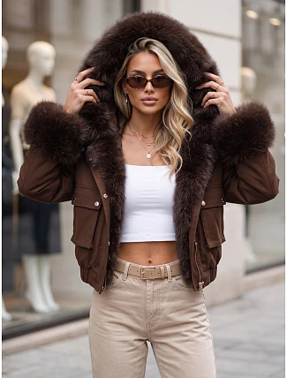 Krátká dámská bunda s odnímatelnou kožešinou, hnědá, FashionStreet TY5834 Krátká dámská bunda s odnímatelnou kožešinou, hnědá, FashionStreet TY5834