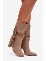 Dámské kotníkové boty na podpatku s třásněmi a stahováním vyhřívané béžové Darlina