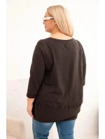 Dámská blůza Plus Size z bavlny s ozdobnými knoflíky a ohrnutými rukávy hnědá