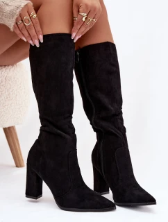 Dámské kozačky na sloupku z eko‑semiše zateplené – černé Narille