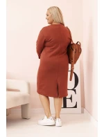 Dámské šaty Plus Size máslové s výstřihem do V a rukávem hnědé