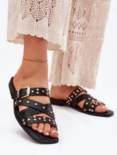 Zdobené Dámské Pantofle Na Plochém Podpatku S Pásky A Přezkou Černé Manitte