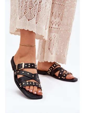 Zdobené Dámské Pantofle Na Plochém Podpatku S Pásky A Přezkou Černé Manitte