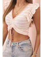 Dámská pruhovaná blůza s nařasením a volánky pudrově růžová Dámská pruhovaná blůza s nařasením a volánky pudrově růžová