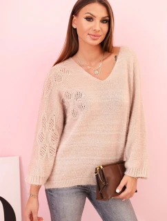 Dámský svetr z mohéru volného střihu s výstřihem do V béžový