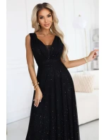 637-2 Večerní dlouhé šaty s brokátovým akcentem a hlubokým výstřihem - černé