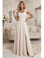 643-3 Elegantní večerní maxi šaty s rozparkem a růžemi - béžové