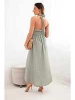 Dámské viskózové maxi šaty vázané na krku s ozdobnou sponou khaki Dámské viskózové maxi šaty vázané na krku s ozdobnou sponou khaki