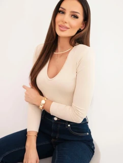 Dámská blůza s výstřihem do V a dlouhým rukávem béžová