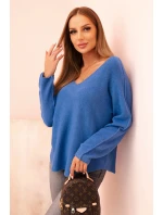 Dámský svetr z viskózy s výstřihem do V tmavě džínový