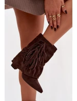 Dámské kotníkové boty na podpatku s třásněmi a zlatými přezkami čokoládové Evelisse