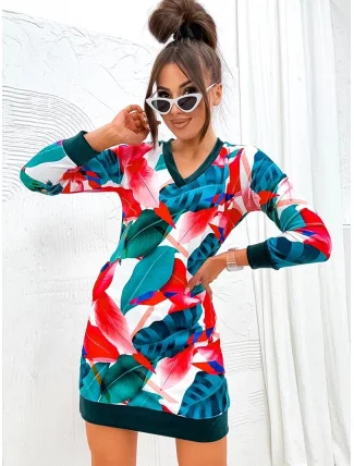 Zeleno/červené velurové šaty se vzorem listů (8268) Zeleno/červené velurové šaty se vzorem listů (8268)