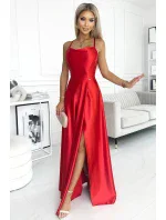 419-1 Dlouhé saténové šaty OPERLA s výstřihem na zádech - ČERVENÉ 419-1 Dlouhé saténové šaty OPERLA s výstřihem na zádech - ČERVENÉ