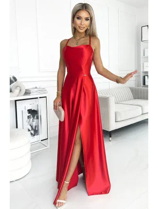 419-1 Dlouhé saténové šaty OPERLA s výstřihem na zádech - ČERVENÉ 419-1 Dlouhé saténové šaty OPERLA s výstřihem na zádech - ČERVENÉ