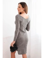 Dámské pruhované šaty s dlouhým rukávem a rozparkem na boku khaki