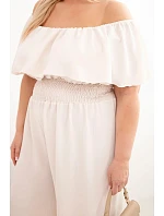 Dámská kombinéza Plus Size s bardot výstřihem, volánem a širokými nohavicemi béžový