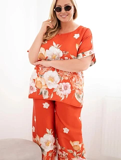 Dámský set Plus Size s halenkou a kalhotami s širokými nohavicemi s květinovým vzorem rezavá