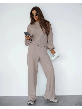 Béžový dámský komplet s vaflovou strukturou - mikina a kalhoty (821108)