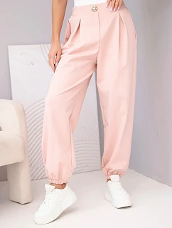 Dámské bavlněné kalhoty s vysokým pasem a ozdobným knoflíkem tmavě pudrově růžové