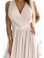 362-8 JUSTINE Dlouhé šaty se srdíčkovým výstřihem a zavazováním na zádech - béžové se třpytkami