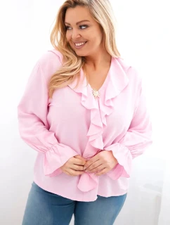 Dámská viskózová blůza Plus Size s volánem a ozdobnou broží cukrová růžová