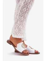 Kožené Pantofle S Dekorací Na Plochém Podpatku Bílé Zazoo 3047/O