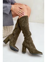 Eko Semišové Kozačky Na Sloupkovém Podpatku Tmavě Zelené Batirae