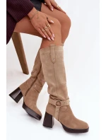 Zateplené dámské kozačky na podpatku s prošitím béžové Alessara